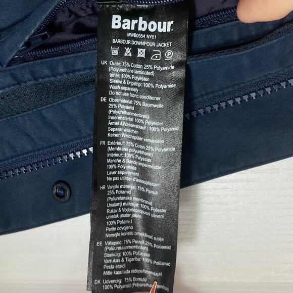 BARBOUR Jacket Men L Navy England Downpour-Style Waxed-Cotton Hoodie Zip Lined - Picture 13 of 16